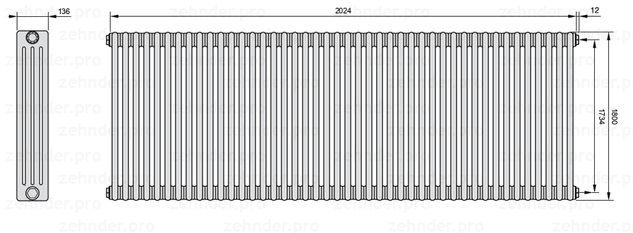 Схема (чертеж) Радиатор Zehnder Charleston 4180/44 №7610 Белый глянцевый RAL 9016